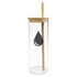 A drink bottle featuring a clear glass body, bamboo lid, and straw, with a decorative drop-shaped design.