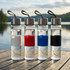 A drink bottle collection in white, red, blue, and black, featuring a sleek design and a metal lid with a logo.
