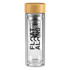 A drink bottle featuring a clear glass body, a bamboo lid, and a metal infuser. It has a logo on the side.