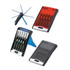 A tool set featuring black and coloured cases, with multiple screwdrivers and a storage holder. Includes a logo.