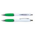 A set of two plastic pens with white barrels and green accents, featuring chrome trim and a clip.