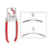 A red and grey coat hanger with a hook, featuring a branding logo. Included are two additional black hangers shown beside it.