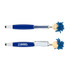 A blue and white Mop Top pen with a stylus tip and a character head featuring blue yarn hair and a smiling face.
