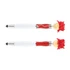 A stylus pen with a white barrel and a red glittery design, featuring a fun pom-pom head and a smiley face.