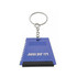 A blue ice scraper with a key ring attachment, featuring a serrated edge and a rubber grip.
