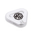 Earbuds in a white triangular case, featuring a black logo, designed for easy storage and portability.