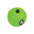 A green apple-shaped stress reliever with a black nozzle on top and a logo sticker.