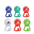 A set of six phone holders in blue, red, green, and white, featuring a logo on the front.
