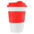 A drink bottle with a white body and a bright red lid and silicone sleeve, featuring a logo.