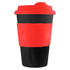 A reusable coffee cup in red and black with a ribbed sleeve and a lid, featuring branding.