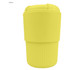 A drink bottle in bright yellow with a ribbed texture and a secure lid, featuring a logo.