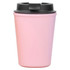 A reusable coffee cup in a soft pink colour with a black lid, featuring a logo.