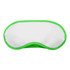 A sleep eye mask in white with a bright green border, featuring a simple, curved design and a logo.