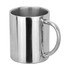 A drink bottle in stainless steel with a simple cylindrical shape and a sturdy handle. It includes branding.