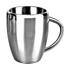 A drink bottle featuring a sleek stainless steel design with a curved body and a handle. It has a logo on it.