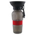 A drink bottle with a red silicone band and a funnel top for pets, featuring a logo. Colours include black and grey.