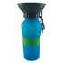 A drink bottle featuring a blue body with a green silicone band and a black cap that doubles as a bowl.