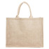 A natural jute bag in beige with two handles and a simple, unadorned design.