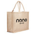 A natural jute bag in beige with two handles and a logo design. Ideal for reusable grocery needs.
