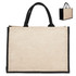A jute bag in natural beige with black handles, featuring a simple design and a logo.