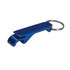 A drink bottle opener in blue metal with a keyring attachment. It features a sleek design and branding on the side.