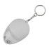 A drink bottle opener keyring in white, shaped like a mouse with a transparent section revealing dice inside.