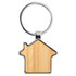 A bamboo key ring in the shape of a house, featuring a silver metal keychain.