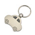 A silver car-shaped keyring with black details and a metal keyring attachment.
