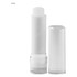 A lip balm stick in a white container with a clear cap. The base has a textured twist mechanism.