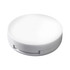 A round, white lip gloss container with a built-in mirror. Features a smooth, minimalist design.