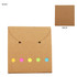 A brown sticky note pad with five colourful sticky dots in pink, yellow, and green on the front.