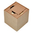 A brown cube-shaped desk organiser holding sticky notes and memo sheets, featuring a simple, textured design.