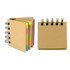 A notepad with spiral binding, featuring multiple colourful pages in shades of pink, blue, and green, with a brown cover.