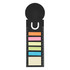 A black bookmark ruler with sticky note pads in orange, pink, green, yellow, and cream colours, featuring a logo.