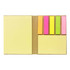 A bamboo sticky note set featuring yellow, pink, orange, green, and neon sticky flags, arranged in a light brown holder.