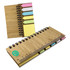 A bamboo sticky note holder with multiple sticky flags in pink, green, and yellow, featuring a ruler on the front.
