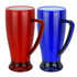 Two plastic mugs in red and blue with large handles and a sleek design, featuring logos on both.