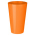An orange plastic party mug with a sleek, tapered design. It features a logo on the surface.