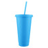 A blue solid mug with a lid and straw, designed for drinks. It features a logo on the front.