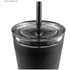 A black travel mug with a clear lid and a black straw. The mug is designed for beverages on the go and features branding.