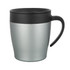 A coffee mug featuring a silver body and a black lid, designed for drinkware use. Includes a handle and a logo.