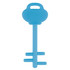 A blue mobile key stand in the shape of a key, designed for holding phones. It features a branding logo.