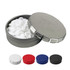 A mint tin with a metallic lid, containing white mints. Available in silver, white, red, blue, and black colours.
