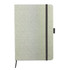 A cotton notebook in light grey with a black elastic closure and ribbon bookmark, featuring a logo.