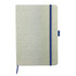 A cotton notebook in light grey with a blue elastic band and a branding logo.