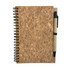 A cork notebook with a spiral binding, featuring a natural cork cover and a black pen attached.
