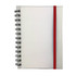 A spiral-bound notebook in white with a red elastic band. It features a plain cover and no visible branding.