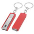 A red nail clipper key ring with a shiny metal clip and a keychain attachment. Includes a logo.