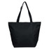 A large black tote bag with dual handles and a simple design. It features a branding logo.