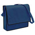 A blue non-woven flap satchel with a shoulder strap and contrasting black trim, featuring a logo.